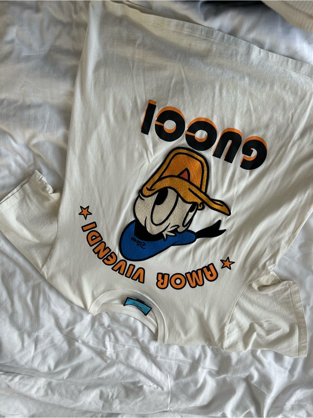 Graphic Cartoon Cowboy Tee in White with Orange & Blue Print